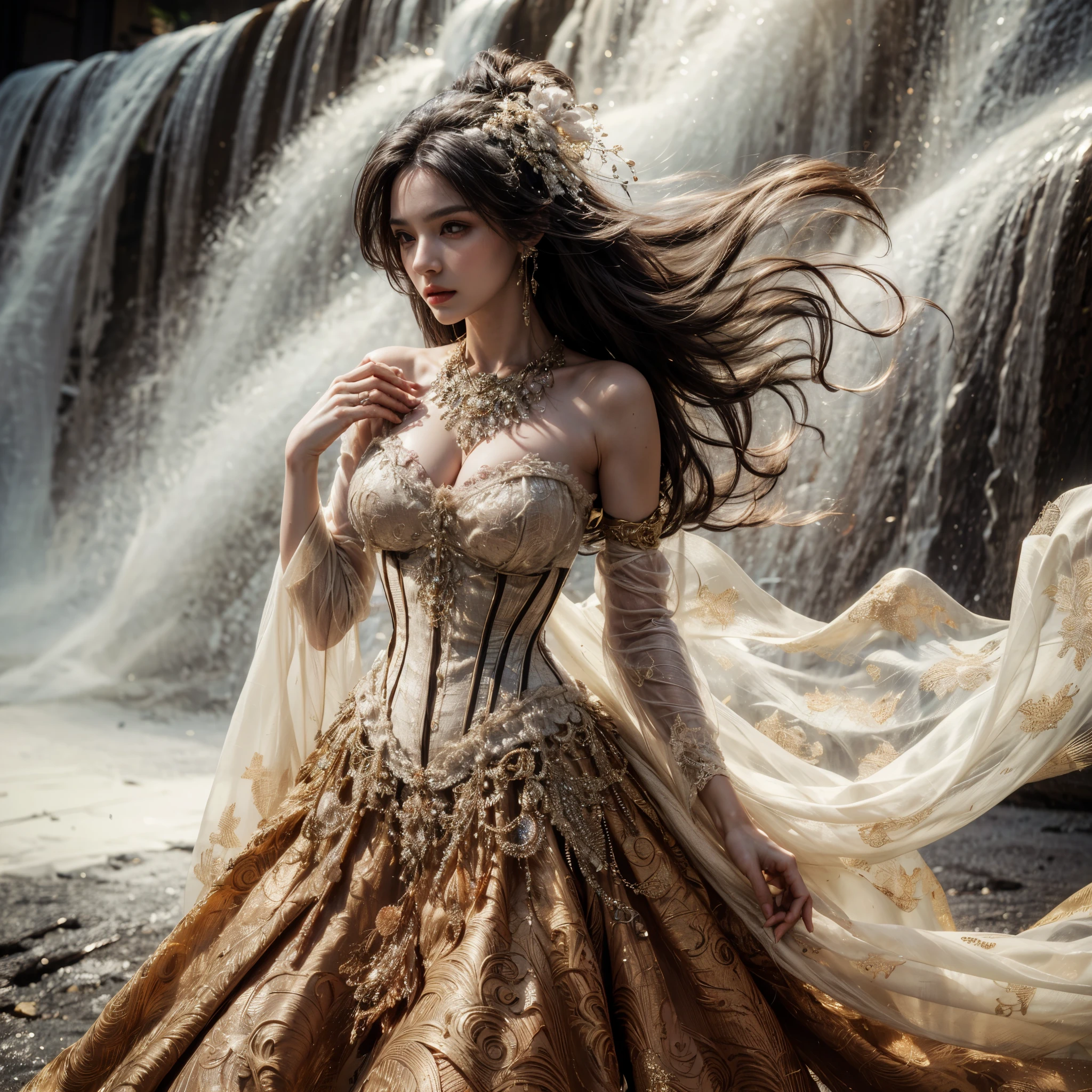 arafed woman with bustier gigantic breast in a corset and dress in front of a building, wearing an ornate outfit, ornate dress, intricate dress, elegant corset, ornate and elegant, extravagant dress, inspired by Hedi Xandt, ornate attire, intricate outfit, ornate royal gown, ornate clothing, ornate gown, intricate and elegant, intricate detailed dress, ornate , royal dress, masterpiece, best quality:1.2),,(8k,highres,RAW photo,realistic,photo-realistic:1.3),(detailed skin texture,detailed cloth texture,beautiful detailed face:1.25),professional lighting,photon mapping,beautiful soft light,radiosity,physically-based rendering,raytracing, model shoot style, model shoot style, (extremely detailed CG unity 8k wallpaper), full shot body photo of the most beautiful artwork in the world,
