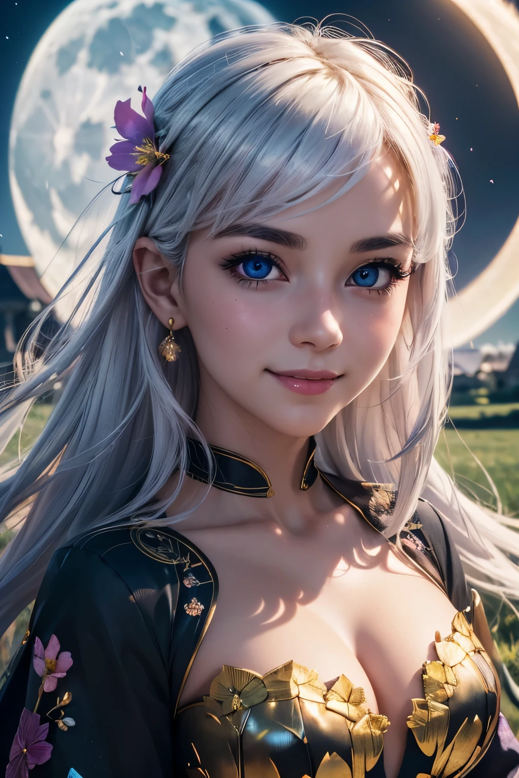 masterpiece, best quality, 1girl, (colorful),(finely detailed beautiful eyes and detailed face),cinematic lighting,bust shot,extremely detailed CG unity 8k wallpaper,white hair,solo,smile,intricate skirt,((flying petal)),(Flowery meadow) sky, cloudy_sky, building, moonlight, moon, night, (dark theme:1.3), light, fantasy,