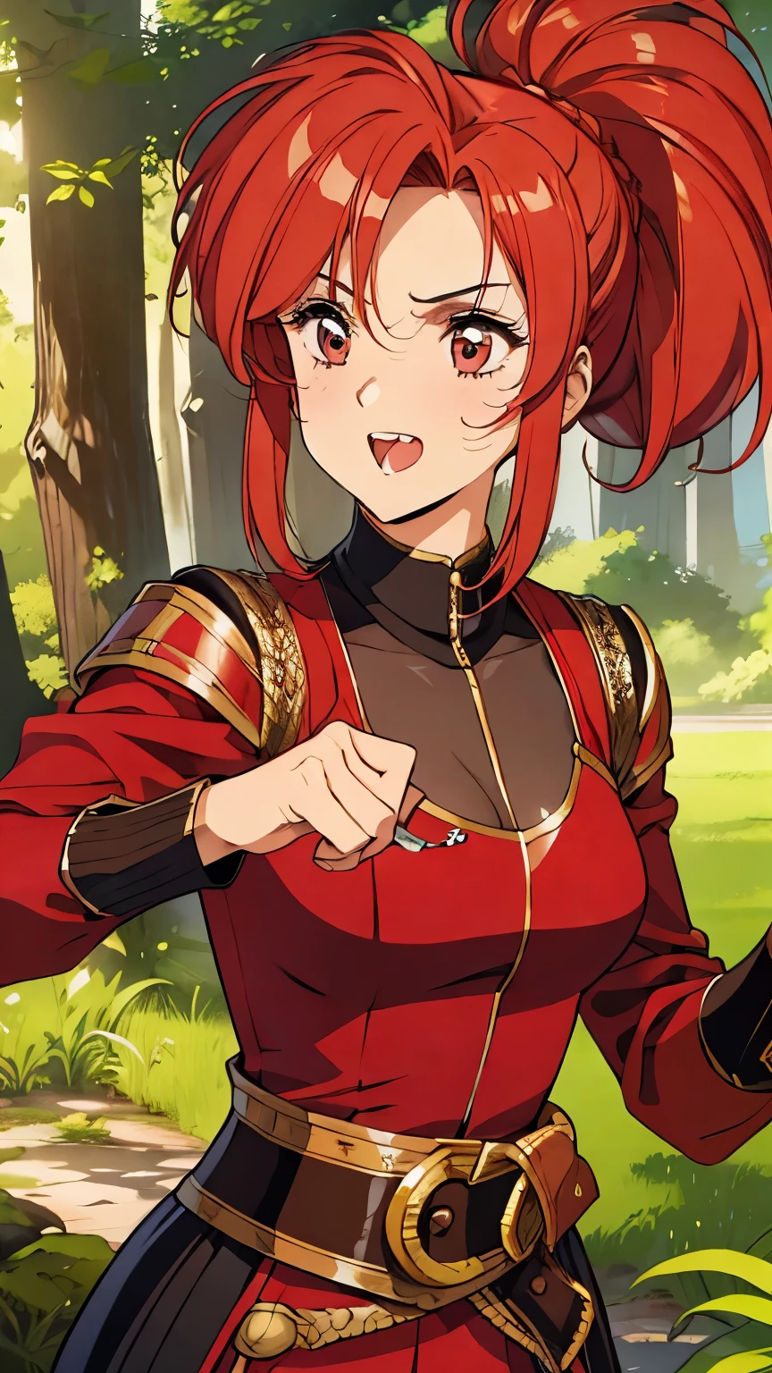 Lovely young lady, Daring, energetic, red lush hair combed into a ponytail, Bandit, in dynamics, laughs widely, robber clothes, A knife in his hand, ultra-detailed, Around the forest, masterpiece