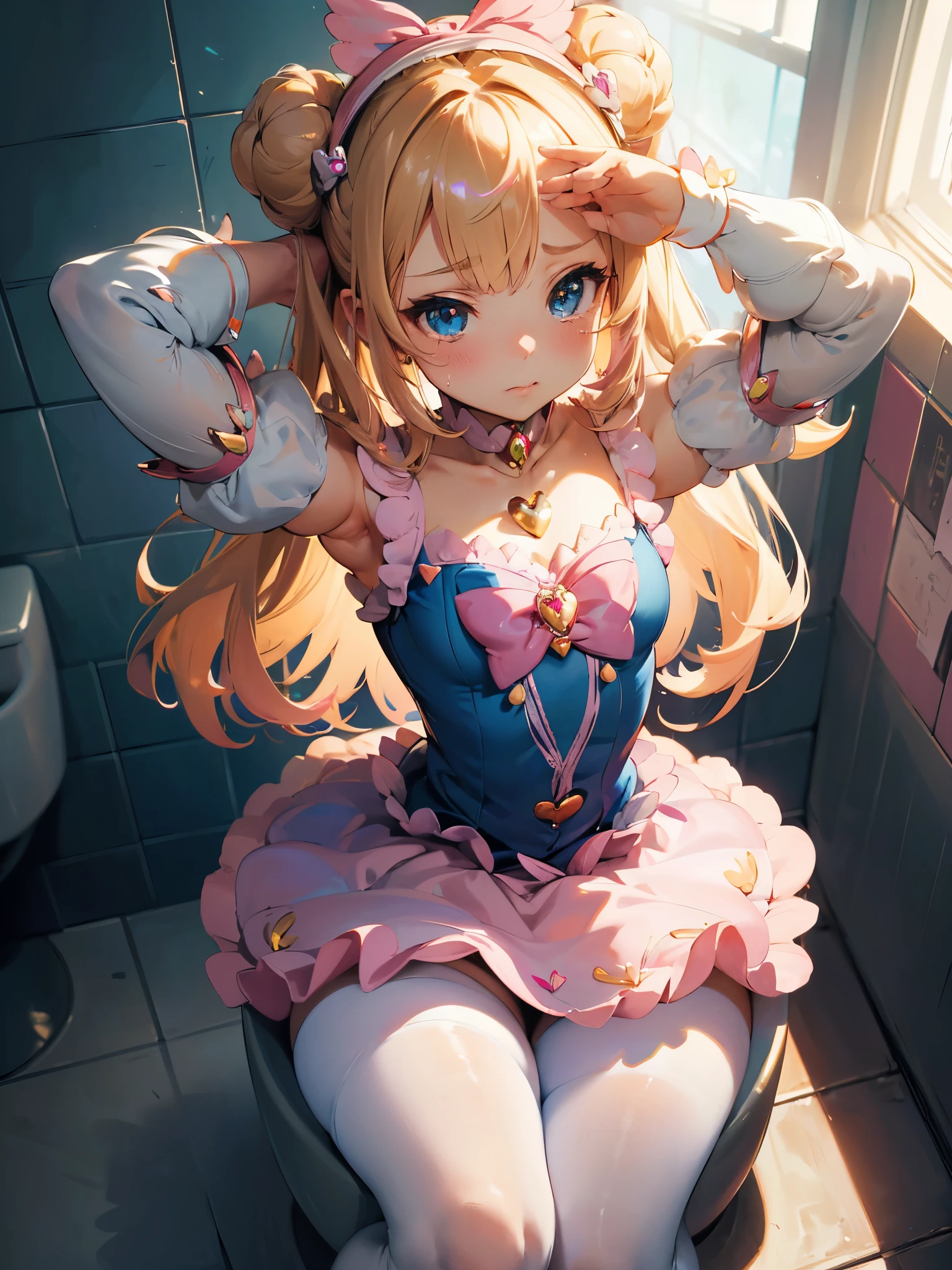 nsfw, (best picture quality, 8K, high quality, masterpiece:1.2), ((masterpiece)), (high detail, high quality, best picture quality), bokeh, DOF, Portrait, open stance, (cute illustration:1.2), public restroom, fullbody, blond hair, (little cute girl:1.2), bun style hair, (small breast), cute round face, (pink and blue gorgeous magical girl:1.4), sleeveless, detached sleeve, (white thigh high pantyhose), (arms behind head:1.3), (sit on toilet bowl), (spread legs widely:1.2), embarrassed, crying hard,
