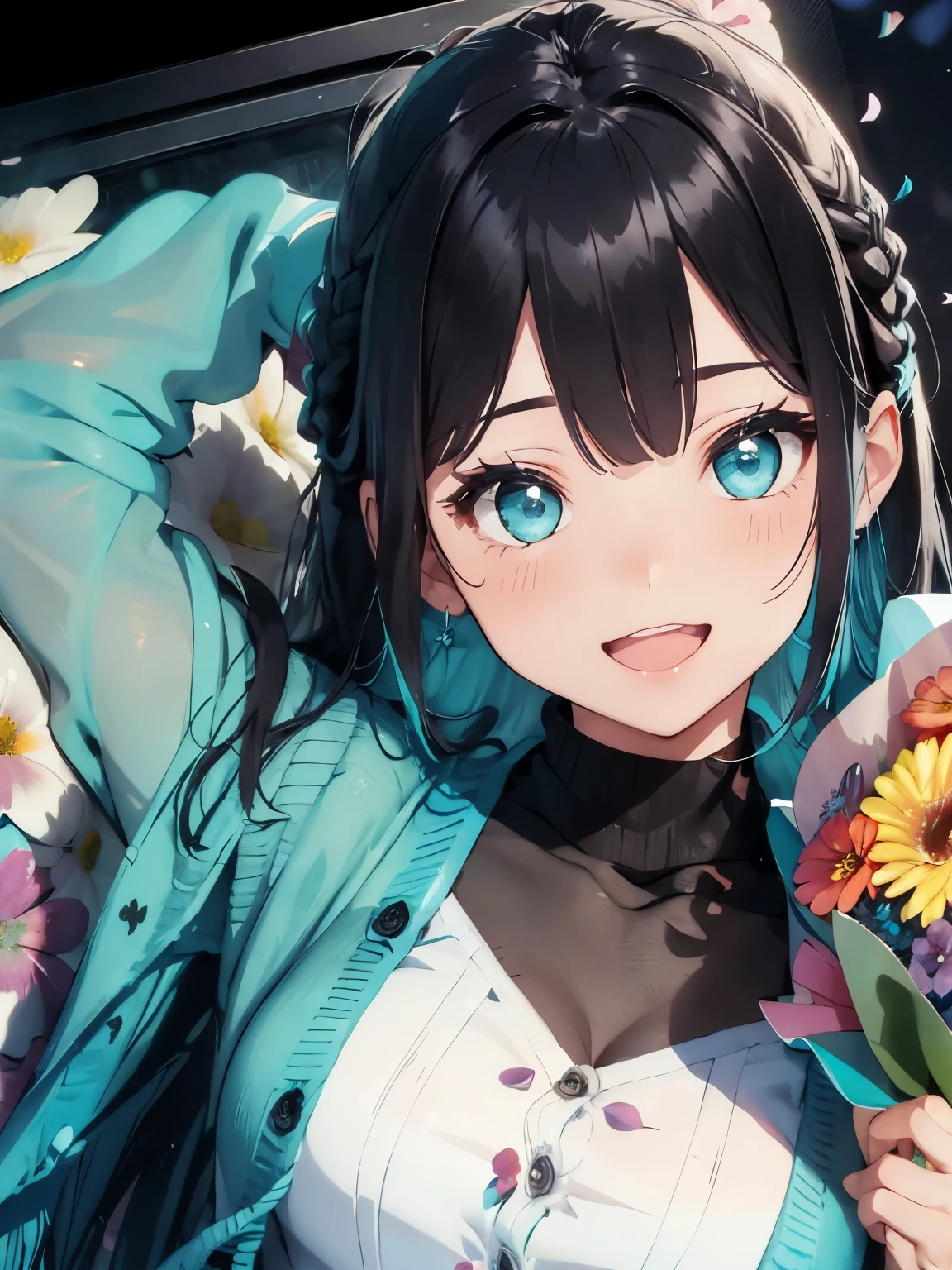 character//bluish black hair,blue eyes,Braided long hair,With bangs,(eye size 1.6),(Open mouth and smile happily),BREAK//((Turquoise blue long sleeve knit cardigan:1.3)),BREAK//((Transparent black turtleneck innerwear)),BREAK//((cream floral skirt)),BREAK//((A large colorful bouquet of flowers filling the screen:1.6)),((colorful petals are dancing:1.3)),(Festive atmosphere),((close up of face:1.3)),
