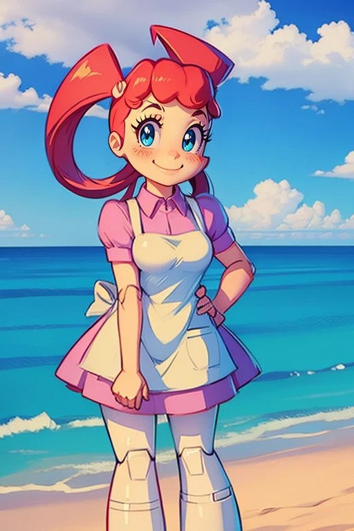 nurse joy, hair rings, bangs, nurse cap, pink collared dress, apron, Jenny standing in beach. looking at viewer. Smiling. Hand on hip. Robot body, robot joints, jenny wakeman, boots, white skin