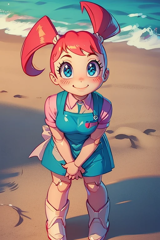 nurse joy, hair rings, bangs, nurse cap, pink collared dress, apron, Jenny standing in beach. looking at viewer. Smiling. Hand on hip. Robot body, robot joints, jenny wakeman, boots, white skin