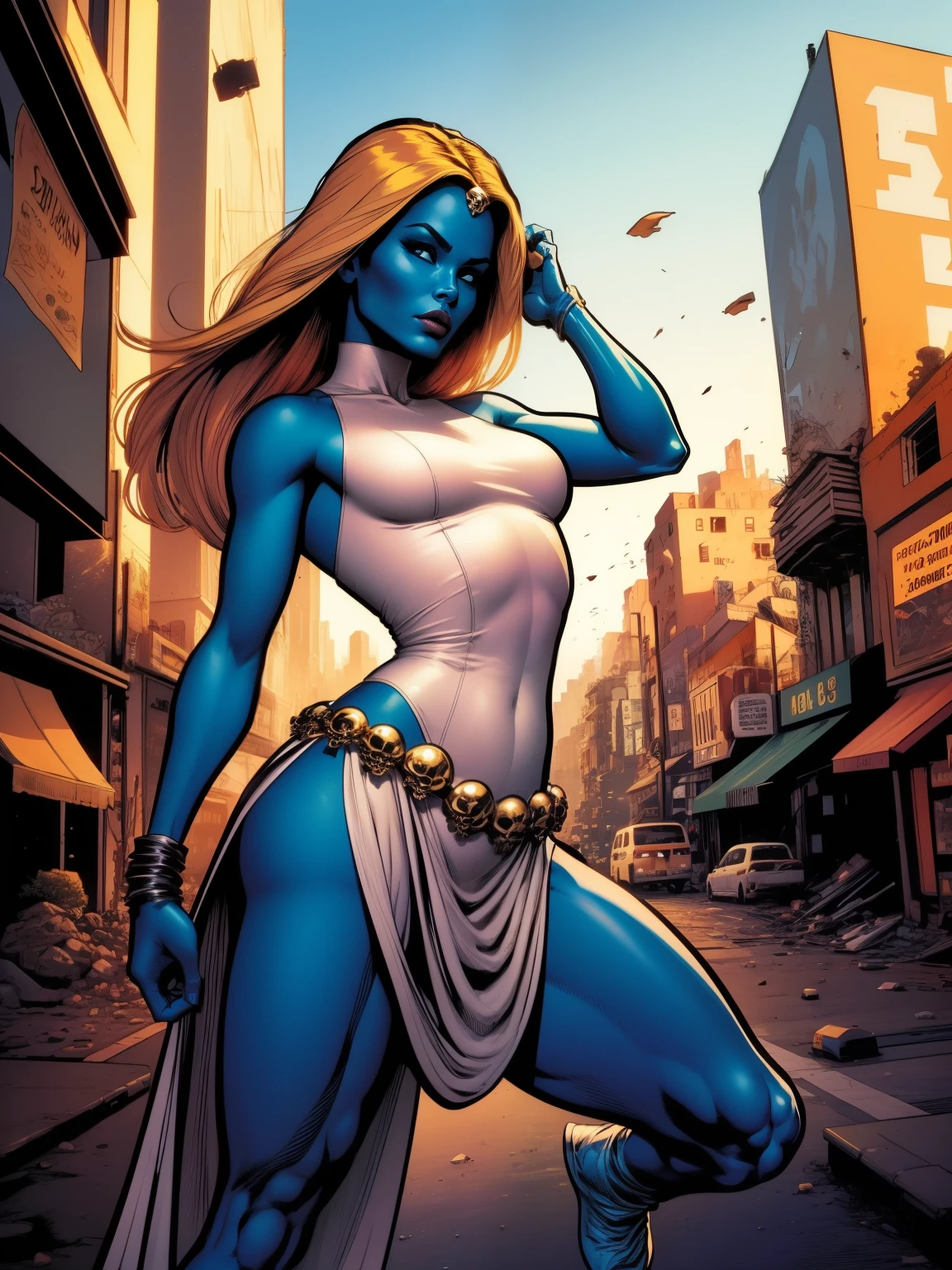 (((COMIC STYLE, CARTOON ART))), cinematic. 01 girl, solo, lonly, 19yo, A comic-style image of Mystique member of the X-Men (((posing SESUALLY for the photo))), look at the camera, sesual pose.  A woman with blue skin wearing a hot trasparent white dress.  Ginger hair. slim body, Slim Hot body, sexy, sensual, (((camel toes ))), (((Camel Toes))). Detailed, detailed face, intricate, glowing. (((Cinematic destroyed city in background))), depth of field background.