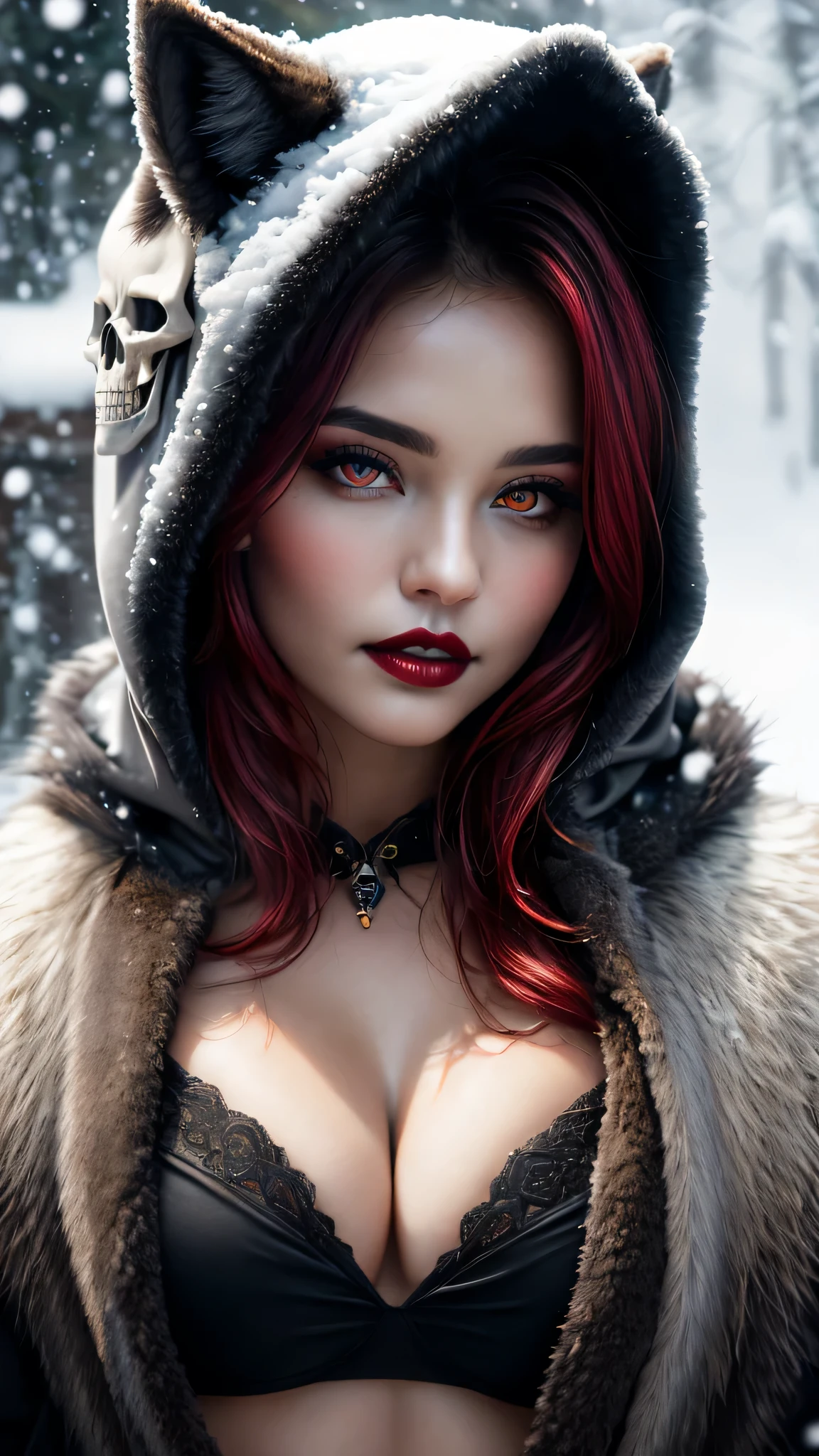 Ultra-realistic、 ultra-detailed portraits、 最high quality、 8K、highest level、 The ultra -The high-definition、(Super beautiful detailed face:1.5)、(detailed eyes:1.2)、(detailed lips:1.2)、(Detailed nose:1.2)、cinematic lighting、(anatomically correct:1.3)、((cleavage))、(I encourage you to choose a subdued and perfectly coordinated background for your phenomenal, diverse random creation)、(Use any technique of combining materials, natural, artificial, (light, heavy, airy), metals, elements and fantasy magic, any style, any outfit, ((red_eyes))、((hair is a different color than eyes)), dynamic random fancy, professional hairstyles)、1girl:1.4 20years old、fashion supermodel、real:1.66、photorealistic:1.66、(very delicate and beautiful、fine details:1.3)、masterpiece、 最high quality、 (high quality)、 (absurdres)、 (sharp fous)、(Glamour, paparazzi taking pictures of her)、 contrast、 (dark shot:1.07)、red_lipstick:1.25、((perfect round eyes))、(snow-black realistic natural wolf skull as a hood with raw wolf fur:1.39)、(matte skin:1.3)