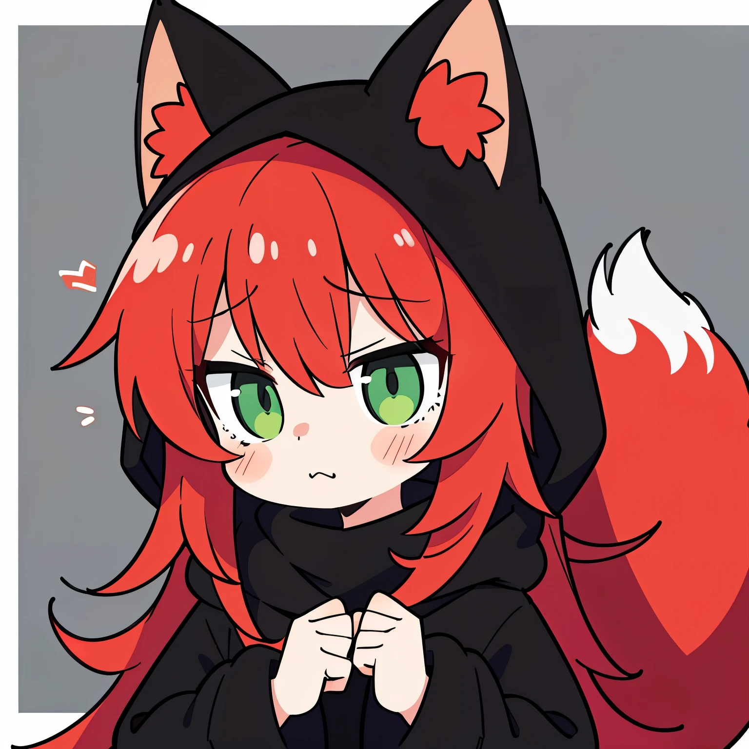 1girl, solo, long hair, red hair, green eyes with vertical pupil, fox ears, long black coat, black fur hood, red fox tail, (expression), ((Sad))