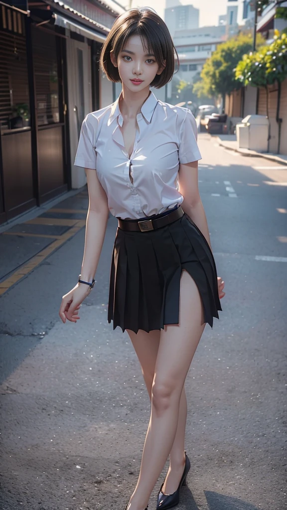 highest resolution, 8K, high definition, (((short hair))), Thai Students, Half Thai, half Japanese, half Korean., Height 173 centimeters, (((stand, walk))), Beautiful face, แต่งBeautiful face, Double eyelids, red lips, smile at the corner of the mouth, beautiful eyes, Beautiful Woman, The texture is realistic., ((Slim white short-sleeved shirt, collar shirt)), ((Dark blue large pleated skirt, long, Close your legs completely.)), ((กระโปรงสีกรมท่าพร้อมbeltผู้หญิง)), ((Huge breasts, Breast augmentation)), ((Symmetrical shape, sexy figure)), ((Thin, slim, small waist)), ((Black court shoes, Put on a watch, belt)), (((full body, Look at every part of the body.))), background, building, building, lawn, outdoor sports field, buildingเรียน