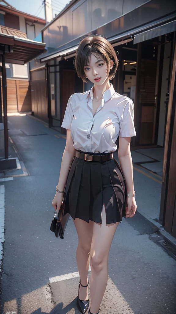 highest resolution, 8K, high definition, (((short hair))), Thai Students, Half Thai, half Japanese, half Korean., Height 173 centimeters, (((stand, walk))), Beautiful face, แต่งBeautiful face, Double eyelids, red lips, smile at the corner of the mouth, beautiful eyes, Beautiful Woman, The texture is realistic., ((Slim white short-sleeved shirt, collar shirt)), ((Dark blue large pleated skirt, long, Close your legs completely.)), ((กระโปรงสีกรมท่าพร้อมbeltผู้หญิง)), ((Huge breasts, Breast augmentation)), ((Symmetrical shape, sexy figure)), ((Thin, slim, small waist)), ((Black court shoes, Put on a watch, belt)), (((full body, Look at every part of the body.))), background, building, building, lawn, outdoor sports field, buildingเรียน