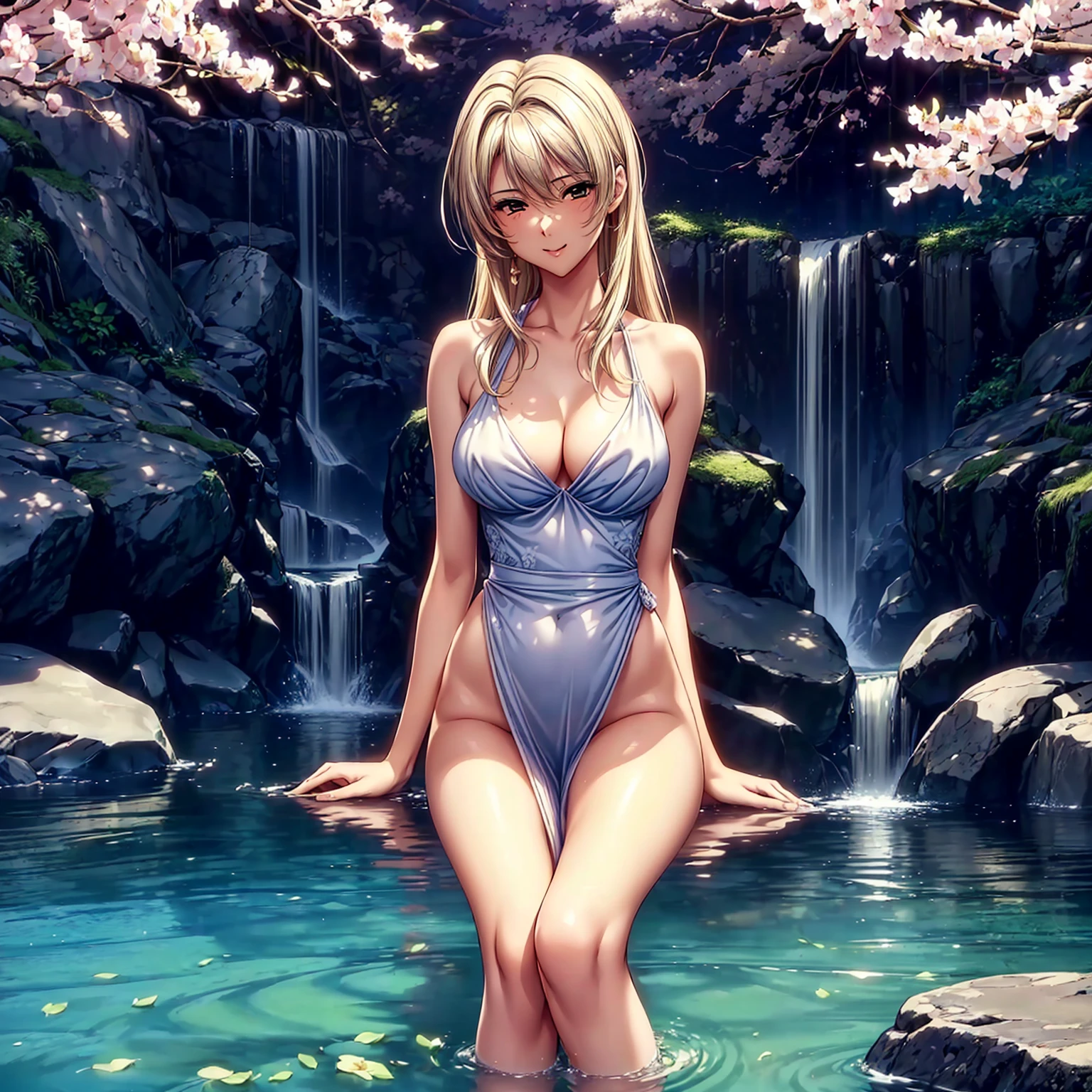 (((highest quality、masterpiece、very high resolution、highly detailed images、detailed details)))、(A woman of perfect and ultimate beauty:18-year-old, beautiful body:Slender and beautiful breasts、beautiful face:smile、beautiful hair:various hairstyles)、(best skin and hair texture)、((フルnude:nude:I can see pubic hair,Breasts fully visible)),(Fantastic waterside,There is a waterfall,Night cherry blossoms and lanterns,mysterious night sky,natural light,beautiful scenery,beautiful scenery),(beautiful pose:Sit by the water,model shoot,The wind is blowing:hair fluttering),realistic portrait,bijinga,Overall image、highly detailed images、accurate image:1.5、accurate anatomy:1.5、Image without defects,perfect image,Overall image,(best shot,RAW photo:1.2)