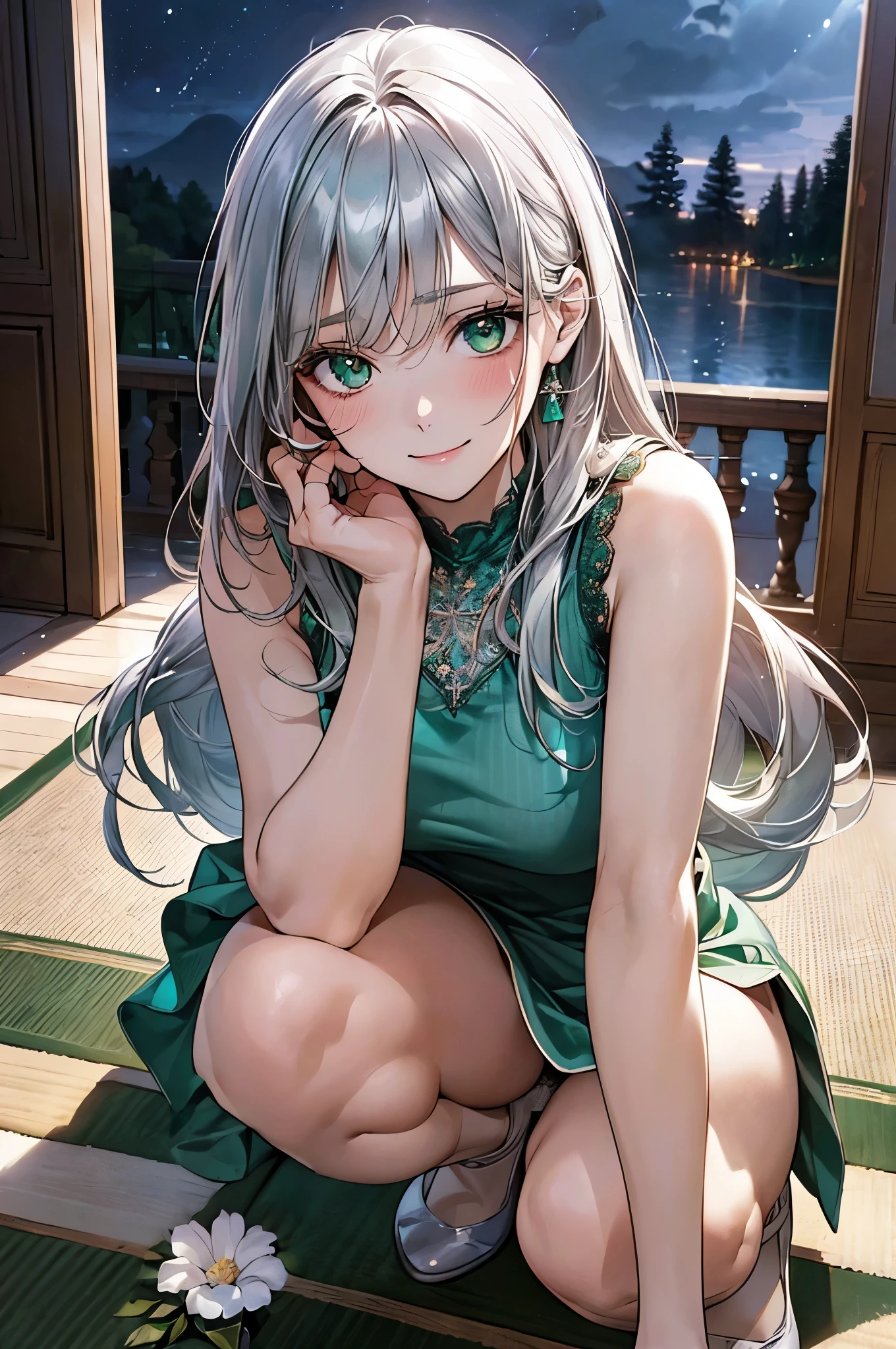 (masterpiece:1.2, top-quality), (realistic, photorealistic:1.4), beautiful illustration, (natural side lighting, movie lighting), nsfw,
looking at viewer, panty shot, front view:0.6, 1 girl, japanese, high school girl, perfect face, cute and symmetrical face, shiny skin,
(long hair:1.5, messy hair:1.2, silver hair), swept bangs, emerald green eyes, drooping eyes, long eye lasher, (large breasts:0.6),
beautiful hair, beautiful face, beautiful detailed eyes, beautiful clavicle, beautiful body, beautiful chest, beautiful thighs, beautiful legs,
((symmetrical clothing, emerald green tank dress), light blue stripe panty),
(beautiful scenery), night, girl's room, round carpet, (squatting, spread legs), (lovely smile, upper eyes),