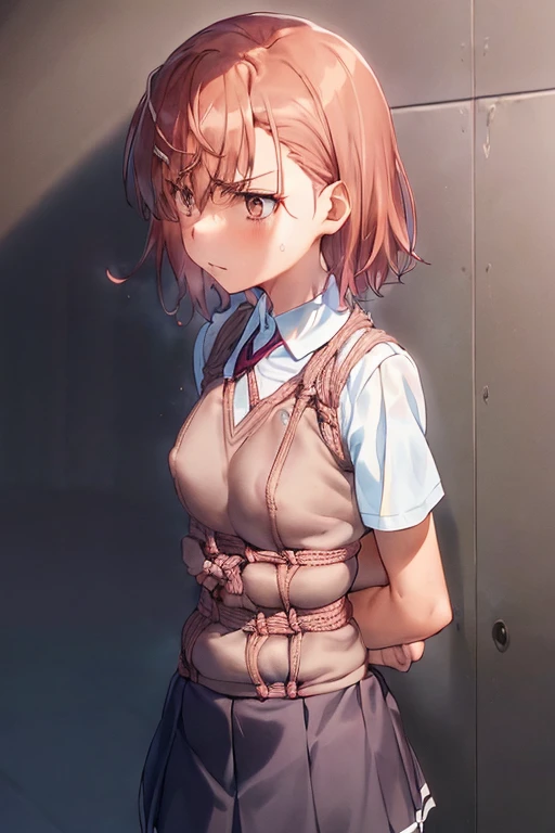 superior_Mikoto, 1 girl, alone, School_uniform, 　Troubled face looking at camera　tokiwadai_School_uniform, sweater_vest, skirt, Brown_sweater_vest 全身, 　she is wet((shibari, turn your arms behind your back:1.4)), ((put your hands behind your back)), ((tied with rope)), ((tie your hands behind your back)), ((Rope restraint)),so cum on the face　Rope collar　Being taken away　pink nipples
