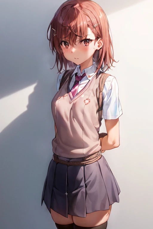 superior_Mikoto, 1 girl, alone, School_uniform, 　Troubled face looking at camera　tokiwadai_School_uniform, sweater_vest, skirt, Brown_sweater_vest 全身, 　she is wet((shibari, turn your arms behind your back:1.4)), ((put your hands behind your back)), ((tied with rope)), ((tie your hands behind your back)), ((Rope restraint)),so cum on the face　Rope collar　Being taken away　pink nipples
