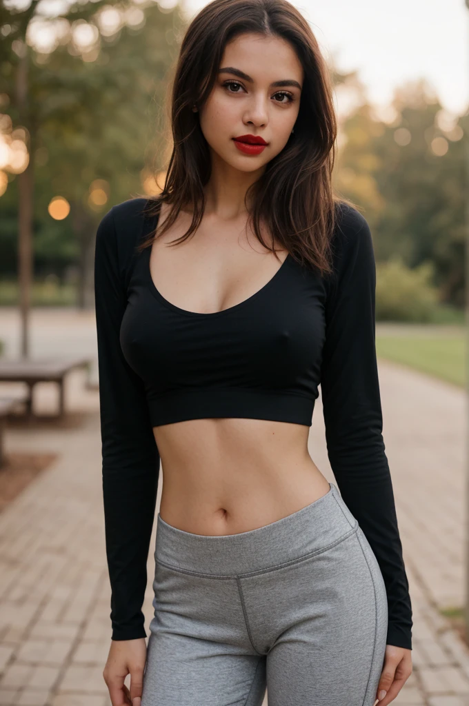 A half body photo of a skinny girl 20 y.o., NSFW, flashing, (:1.1),
Pilates pants and fitted long-sleeve top, Dame, Short, Narrow Hips, Square Face, Dark Skin, Chestnut Hair, dark brown Eyes, Straight Nose, Thick Lips, Sharp Chin, Shoulder-Length Hair, Thick Hair, Bun, full breasts, , rose gloss lipstick,
Masterpiece, hi res, 8k, award winning, RAW photo, high quality, 35mm photograph, film grain, bokeh, professional, 4k, highly detailed, 