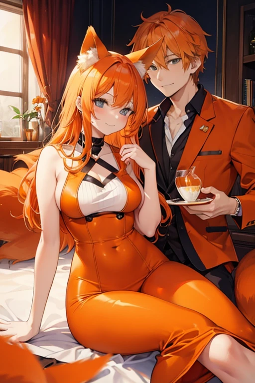 An orange haired woman with orange fox ears and an orange fox tail with an hourglass figure is laying next to An orange haired man with orange fox ears and an orange fox tail in a quaint room in nice outfits