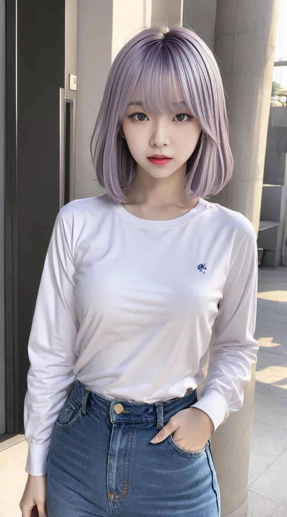 anime style,1 female,medium hair,hair between eyes,rounded eyes,light purple hair,dark puaple eyes,androgynous appearance,long sleeve shirt,white shirt,blue apron,long pants,denim jeans,dark skin female,completely nude