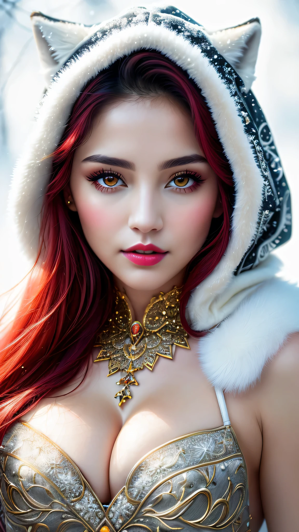 Ultra-realistic、 ultra-detailed portraits、 最high quality、 8K、highest level、 The ultra -The high-definition、(Super beautiful detailed face:1.5)、(detailed eyes:1.2)、(detailed lips:1.2)、(Detailed nose:1.2)、cinematic lighting、(anatomically correct:1.3)、((cleavage))、(I encourage you to choose a subdued and perfectly coordinated background for your phenomenal, diverse random creation)、(Use any technique of combining materials, natural, artificial, (light, heavy, airy), metals, elements and fantasy magic, any style, any outfit, ((red_eyes))、((hair is a different color than eyes)), dynamic random fancy, professional hairstyles)、1girl:1.4 22years old、fashion supermodel、real:1.66、photorealistic:1.66、(very delicate and beautiful、fine details:1.3)、masterpiece、 最high quality、 (high quality)、 (absurdres)、 (sharp fous)、(Glamour, paparazzi taking pictures of her)、 contrast、 (dark shot:1.07)、red_lipstick:1.25、((perfect round eyes))、(snow-white realistic natural wolf skull as a hood with raw wolf fur:1.29)、(matte skin:1.3)