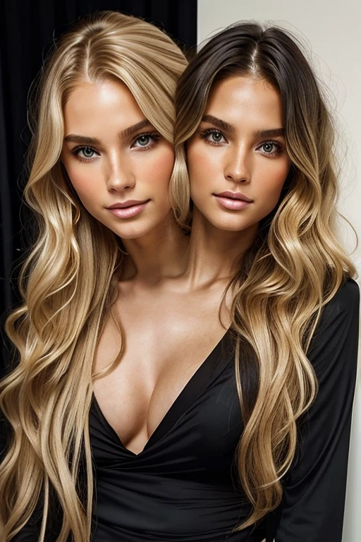 blond woman with two heads with long wavy hair and a black shirt, brunette with dyed blonde hair, flowy golden hair, gold highlights, glowing highlights, flattering hair, jaw dropping beauty, large highlights, curtain bangs, long glowing ethereal hair, jaw-dropping beauty, intriguing volume flutter, balayage, natural blonde gold like hair, soft highlights, two heads, conjoined
