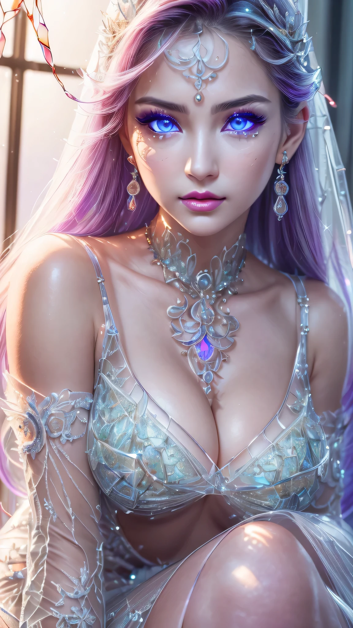 NSFW, lascivious elfrace, anime style woman, slender, standing figure, full body, full of tattoos, full of piercings, beautiful shining hair, iridescent eyes, slanted eyes, wavy hair, gentle and attractive, bare shoulders, delicate and sexy collarbone, half-body photo, attractive oval face, double eyelids, pink lips, small nose, focused face, face close-up, ultra high definition, ultra detail, Wear elegant standing position, ultra-fine translucent wet yarn, wet see-through white T-shear, glittery skin, sweat and thigh emphasis