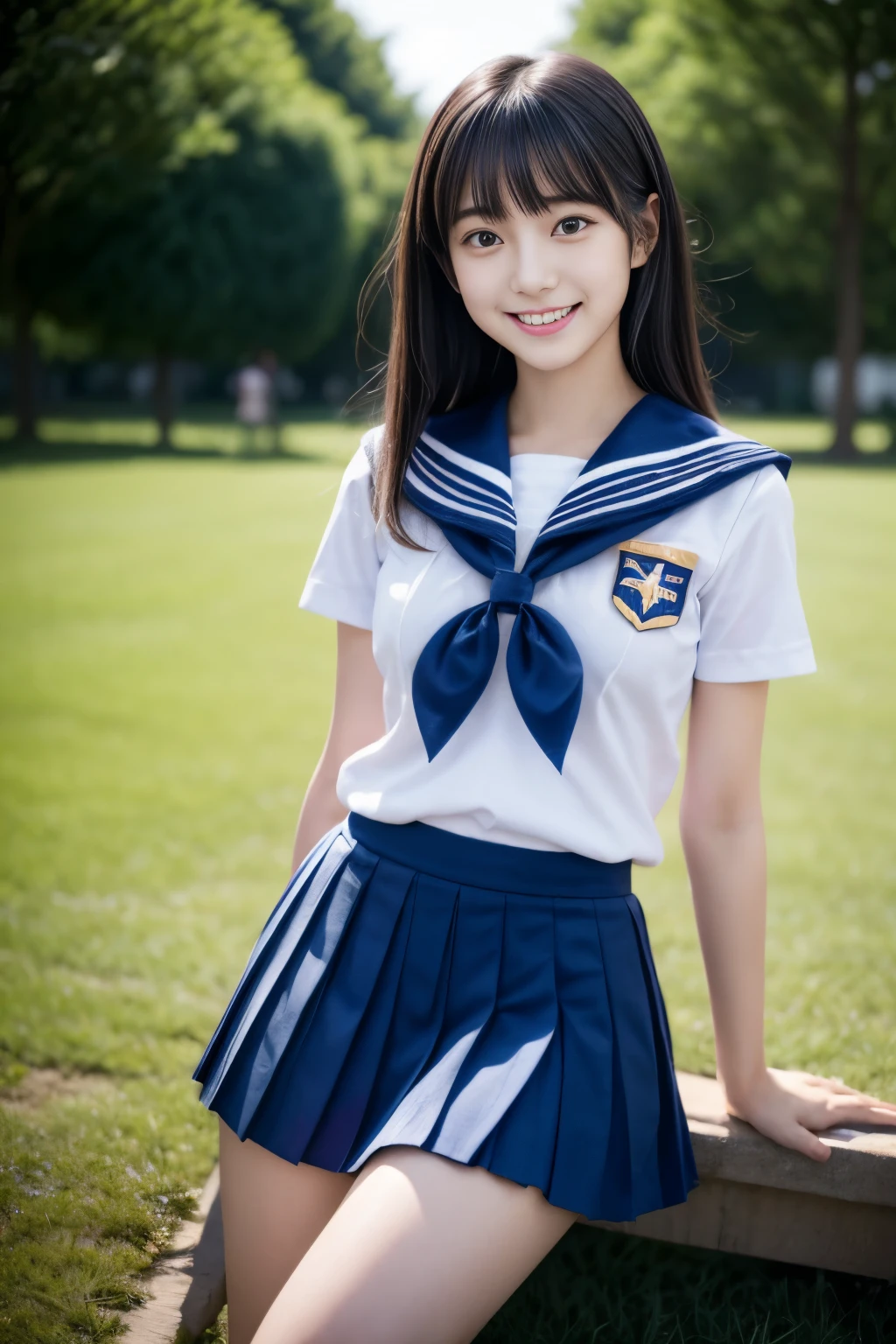 nsfw, Close up of woman posing for photo,  japanese model model, 18-year-old female model,  4K、bangss、A dark-haired、bobhair、Middle hair、Straight hair、(white  shirt, Sailor School Uniform, Dark blue pleated skirt:1.2),　(Super cute face in idol style:1.2)、school classrooms、slim and beautiful figure、beutiful breast、A smile、full bodyesbian、The background is an empty park、Beautiful legs、sexy  pose、white sock、White sneakers、