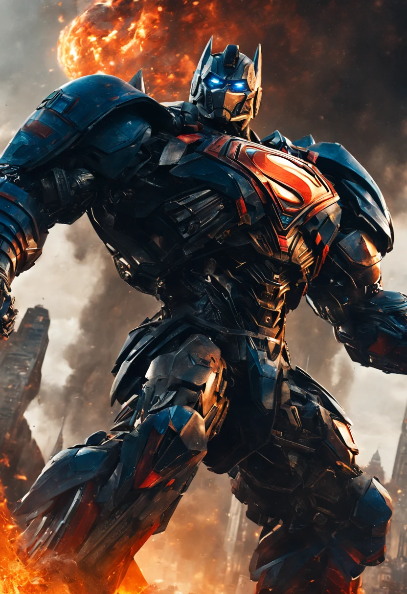 a close up of a superman standing in front of a fire, transformers cinematic universe, wojtek fus, hq 4k wallpaper, transformers : the last knight, in the movie transformers, thertrevkaiser, dwayne johnson as superman, artstation masterpiece, super robot, goku fused with optimus prime, japanese dc live-action movie, hd wallpaper, inspired by Zack Snyder