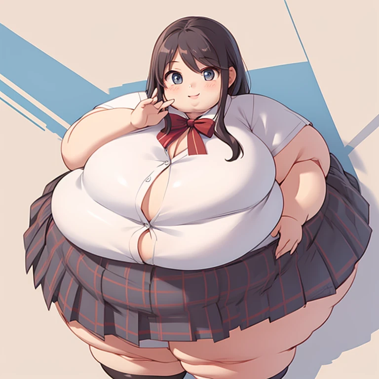 looking at viewer, obese 1girl, big eyes, long eyelashes, smile, skirt, very cute