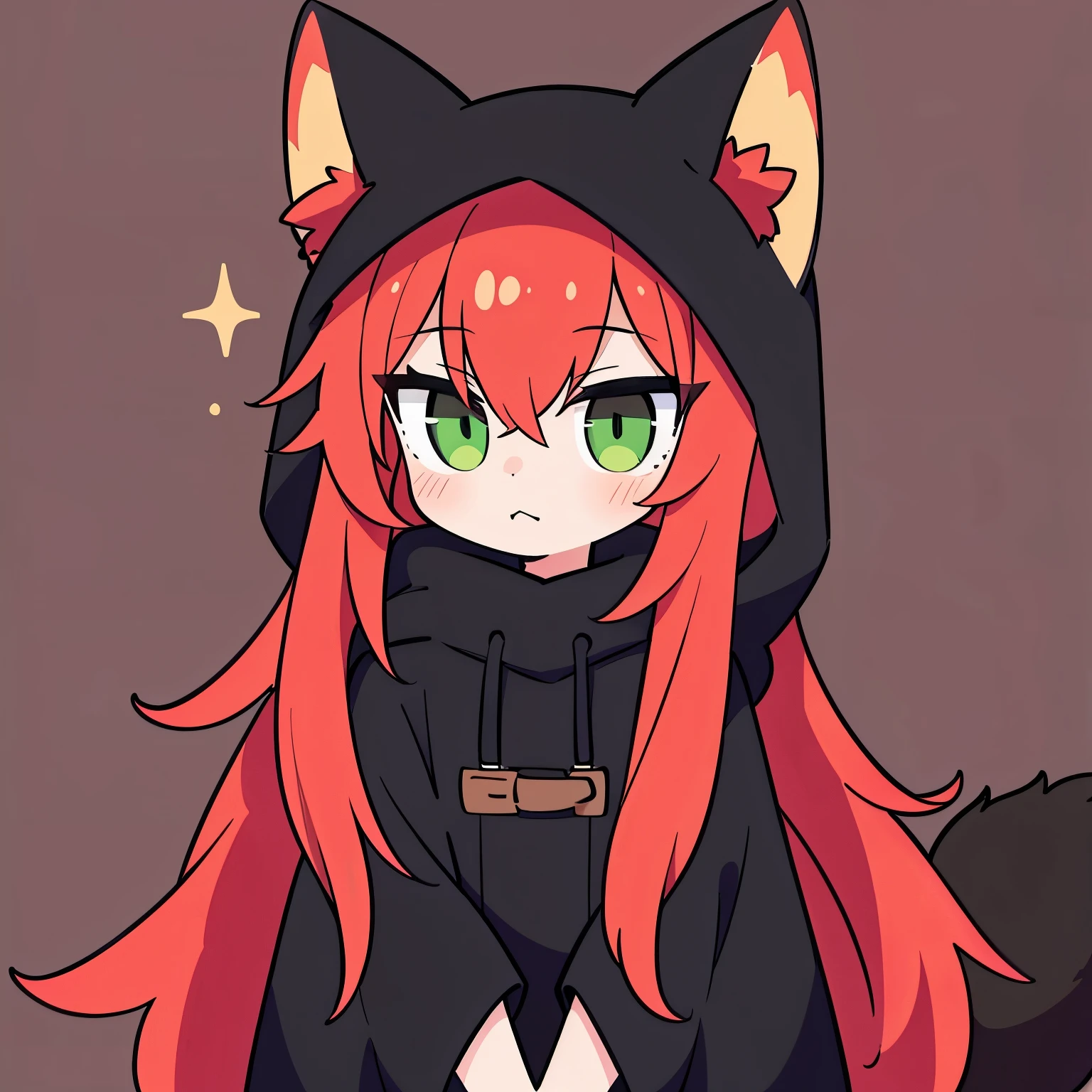 1girl, solo, long hair, red hair, green eyes with vertical pupil, fox ears, long black coat, black fur hood, red fox tail, (pokerface)