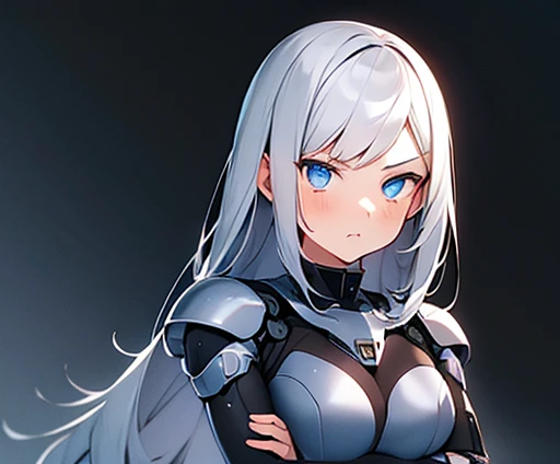 1girl, cyborg, mechanical body, (armor:0.80), doll joints, pout, crossed arms, simple background, solo