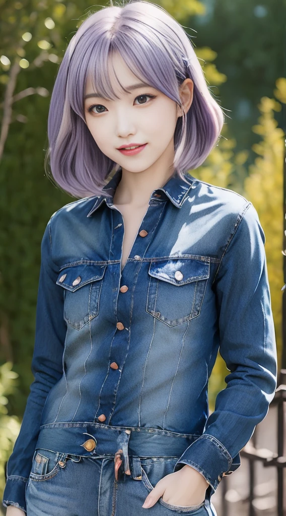 anime style,1 female,medium hair,hair between eyes,rounded eyes,light purple hair,dark puaple eyes,androgynous appearance,long sleeve shirt,white shirt,blue apron,long pants,denim jeans,dark skin female,completely nude