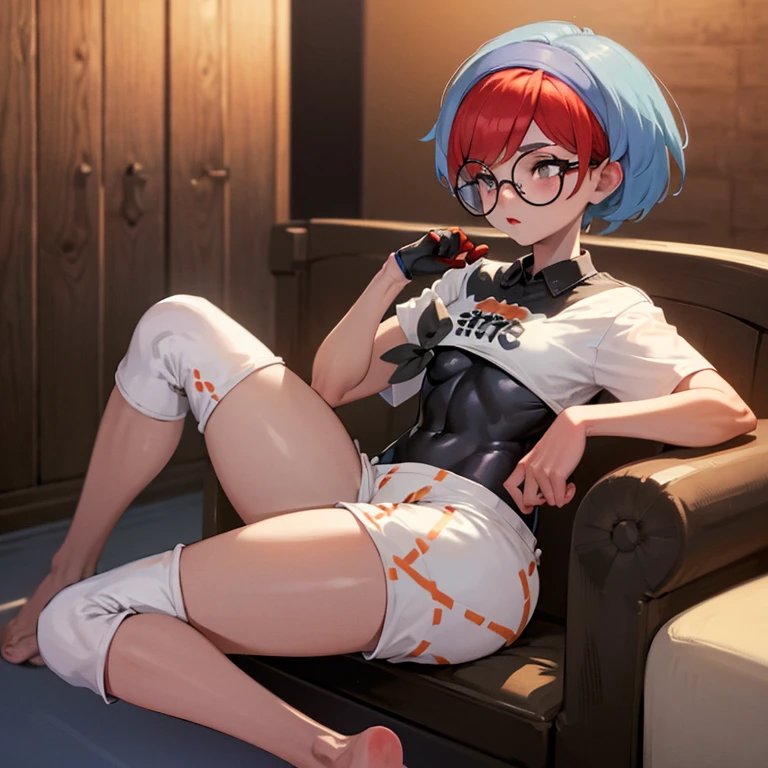 (masterpiece, absurdres, :1.2),1girl,solo, best quality, extreme detail, perfect face, Penny, bow hairband, print shirt, tied shirt, black bodysuit, bodysuit under clothes, single glove, print shorts, knee pads, barefoot