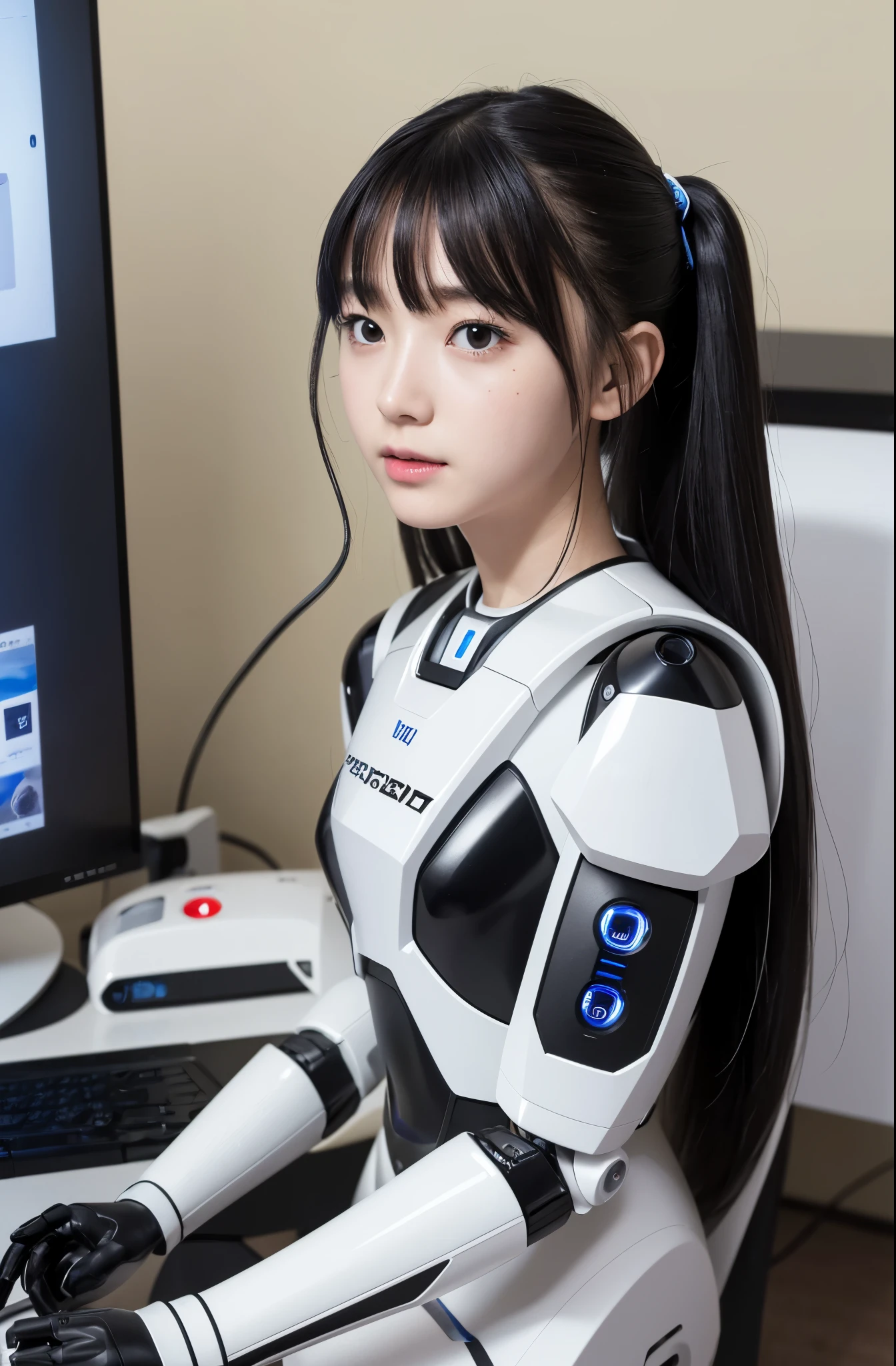 (photorealistic:1.4), (RAW photo)masutepiece, Best Quality, Extremely detailed, (Photorealistic:1.4), (8K, 4K, Best Quality, hight resolution, 超A high resolution:1.1), 8K portrait,Japaese android girl,kids,9 ,control panels,Mechanical Hand, ,Robot arms and legs, Black hair,Mechanical body,Blunt bangs,White Robotics Parts,perfect robot girl ,Charging spot,