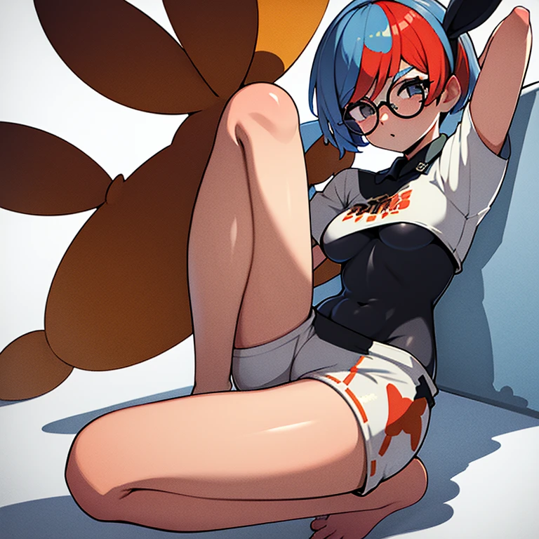 (masterpiece, absurdres, :1.2),1girl,solo, cell shading, best quality, extreme detail, perfect face, Penny, bow hairband, print shirt, tied shirt, black bodysuit, bodysuit under clothes, single glove, print shorts, knee pads, barefoot