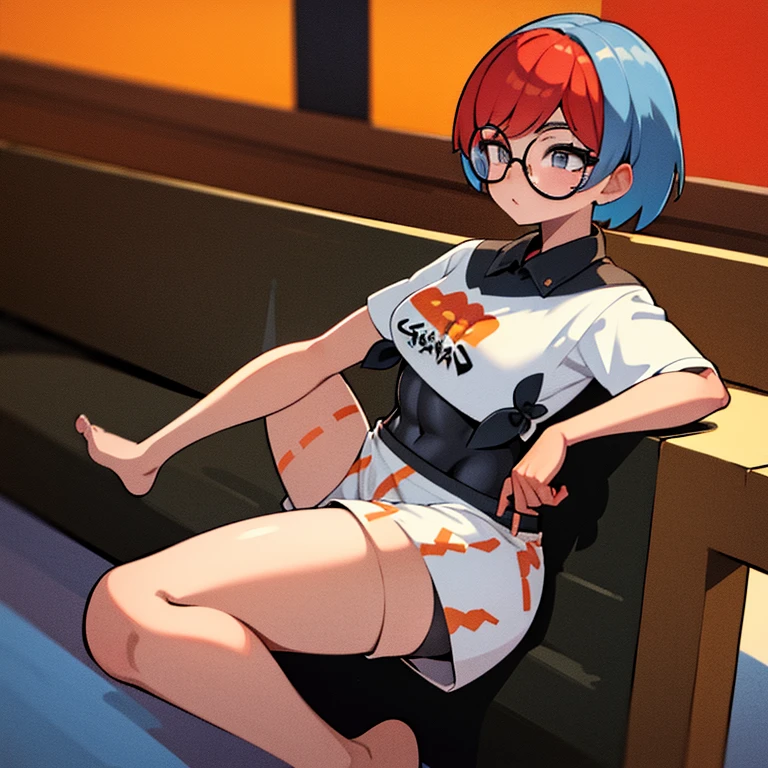 (masterpiece, absurdres, :1.2),1girl,solo, cell shading, best quality, extreme detail, perfect face, Penny, bow hairband, print shirt, tied shirt, black bodysuit, bodysuit under clothes, single glove, print shorts, knee pads, barefoot