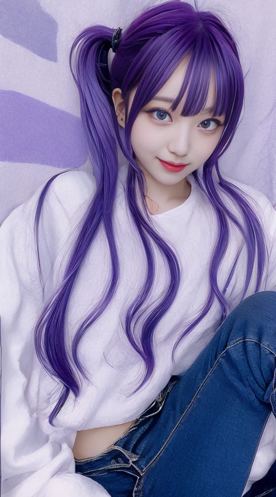 anime style,1 female,medium hair,hair between eyes,rounded eyes,light purple hair,dark puaple eyes,androgynous appearance,long sleeve shirt,white shirt,blue apron,long pants,denim jeans,dark skin female,膣内,セックス,NSFW
