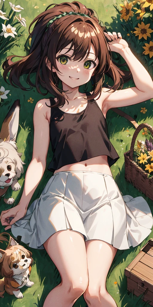 ray tracing,global illumination,cinematic lighting,3girl,chibi:1.49, midnight large eyes, medium brown, half-up half-down hairstyle,happy smile,shiny skin,flat chest,thick thighs,White tank top and green skirt , Picnic_in_a_field_filled_with_blooming_lavender, looking at viewer,from above:1.2,close up,DOG