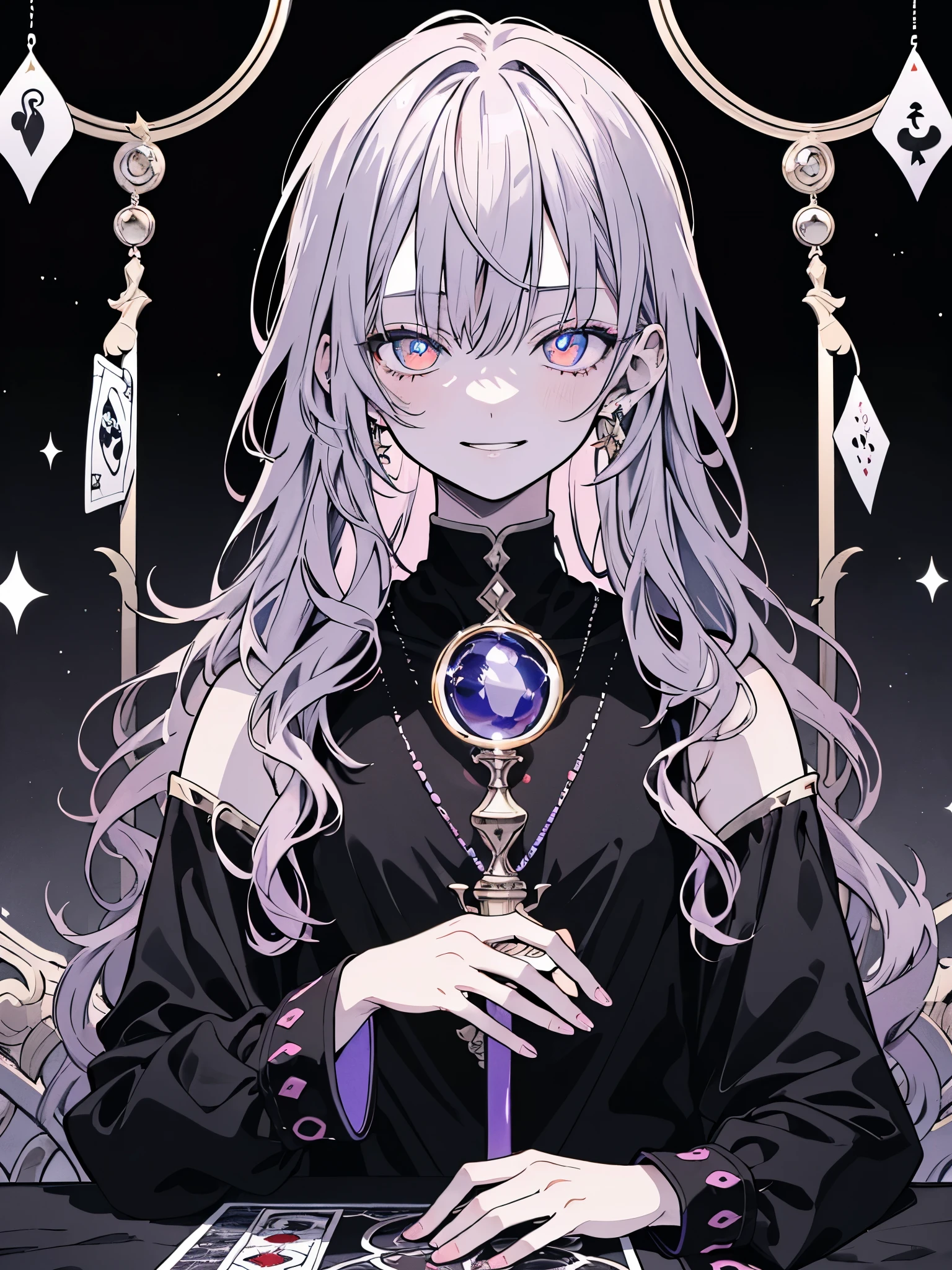 (masterpiece, top quality, best quality, official art, beautiful and aesthetic:1.2), (1girl:1.3), wavy long hair, light purple hair, extremely detailed, portrait, looking at viewer, solo, (full body:0.6), detailed background, close up, glowing eyes, fortune teller, charlatan, smirk, mysterious, sitting at table, colorful shoulderless loose gypsy fortune teller clothes,      chalice,   tarot cards, crystal ball,  medieval (tent interior:1.1) background, tent curtains in background, dark mysterious lighting, shadows, magical atmosphere, starry night,, dutch angle, crisp perfect lineart, beautiful lineart, crisp clear lines, focus on upper body, very detailed, ((upper body)), glowing eyes, magical, ((top HD 8k quality))