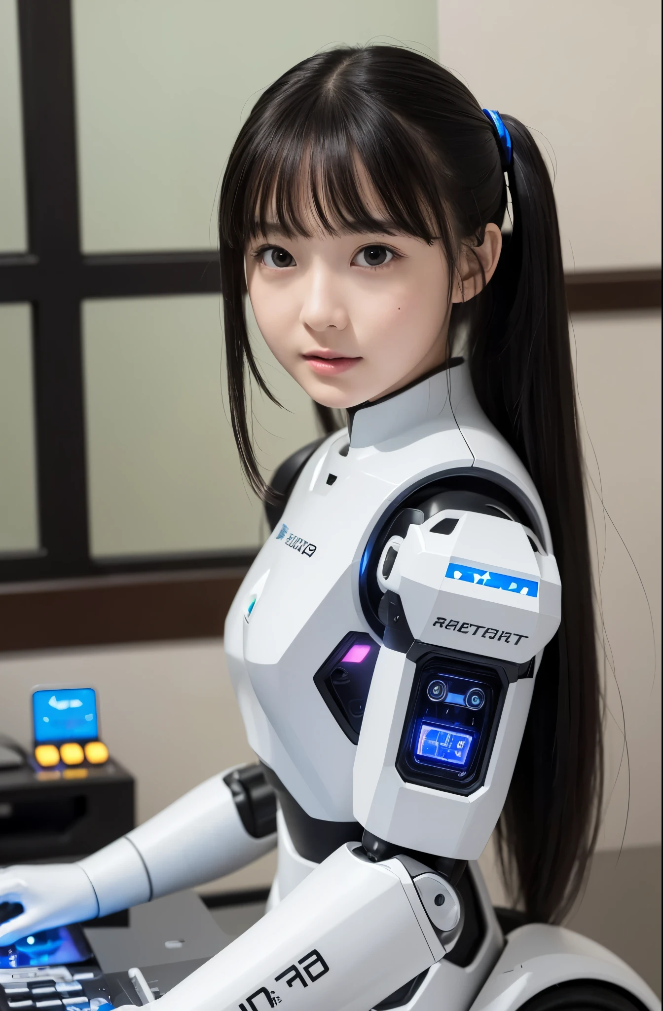 (photorealistic:1.4), (RAW photo)masutepiece, Best Quality, Extremely detailed, (Photorealistic:1.4), (8K, 4K, Best Quality, hight resolution, 超A high resolution:1.1), 8K portrait,Japaese android girl,kids,9 year old,control panels,Mechanical Hand, ,Robot arms and legs, Black hair,Mechanical body,Blunt bangs,White Robotics Parts,perfect robot girl ,Charging spot,