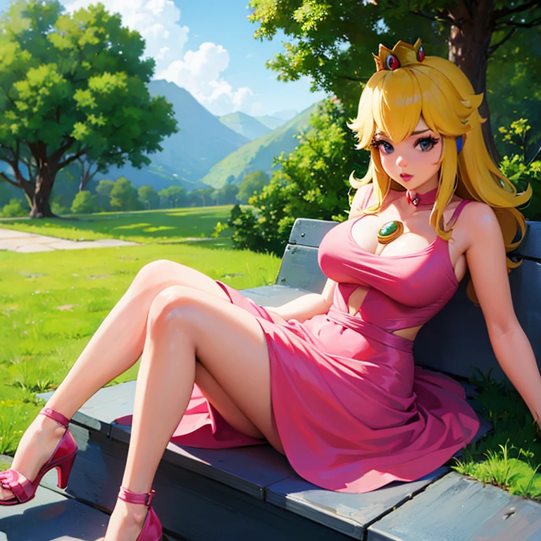 1girl, Princess Peach, rubia, vestido rosa, ruborizada, escote, sexy, sitting