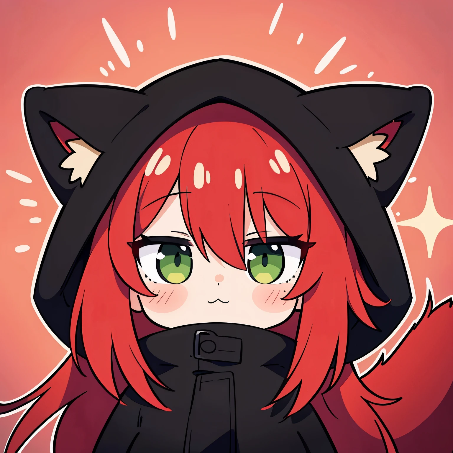 1girl, solo, long hair, red hair, green eyes with vertical pupil, fox ears, long black coat, black fur hood, red fox tail, (expression)