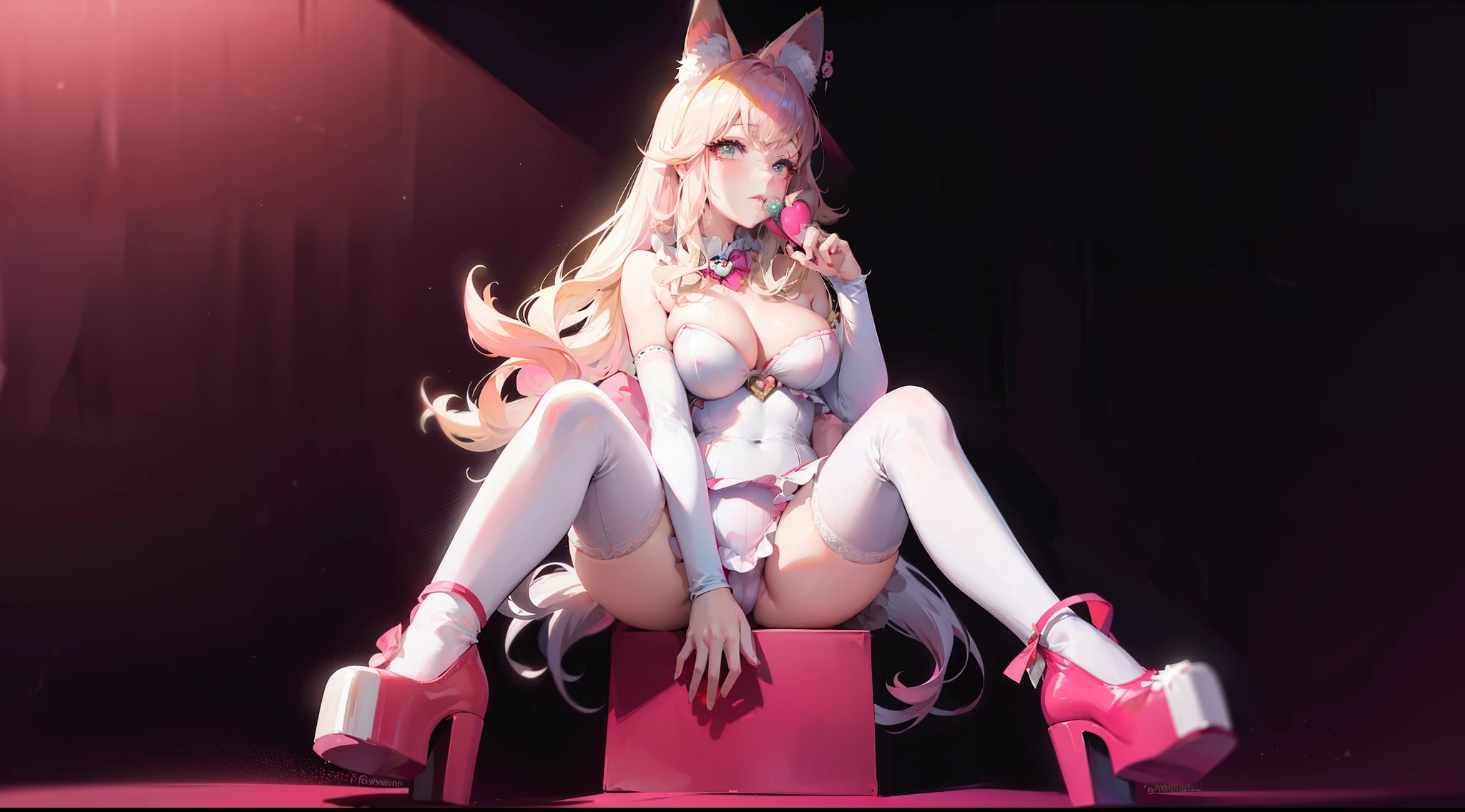 araffe sitting on a pink surface wearing a bunny costume, bunny girl, ultrarealistic sweet bunny girl, with bunny ears, belle delphine, white rabbit, white fox ears, lola bunny fanart, anime barbie in white stockings, amouranth, ahri from league of legends, anna nikonova aka newmilky, junko enoshima from danganronpa
