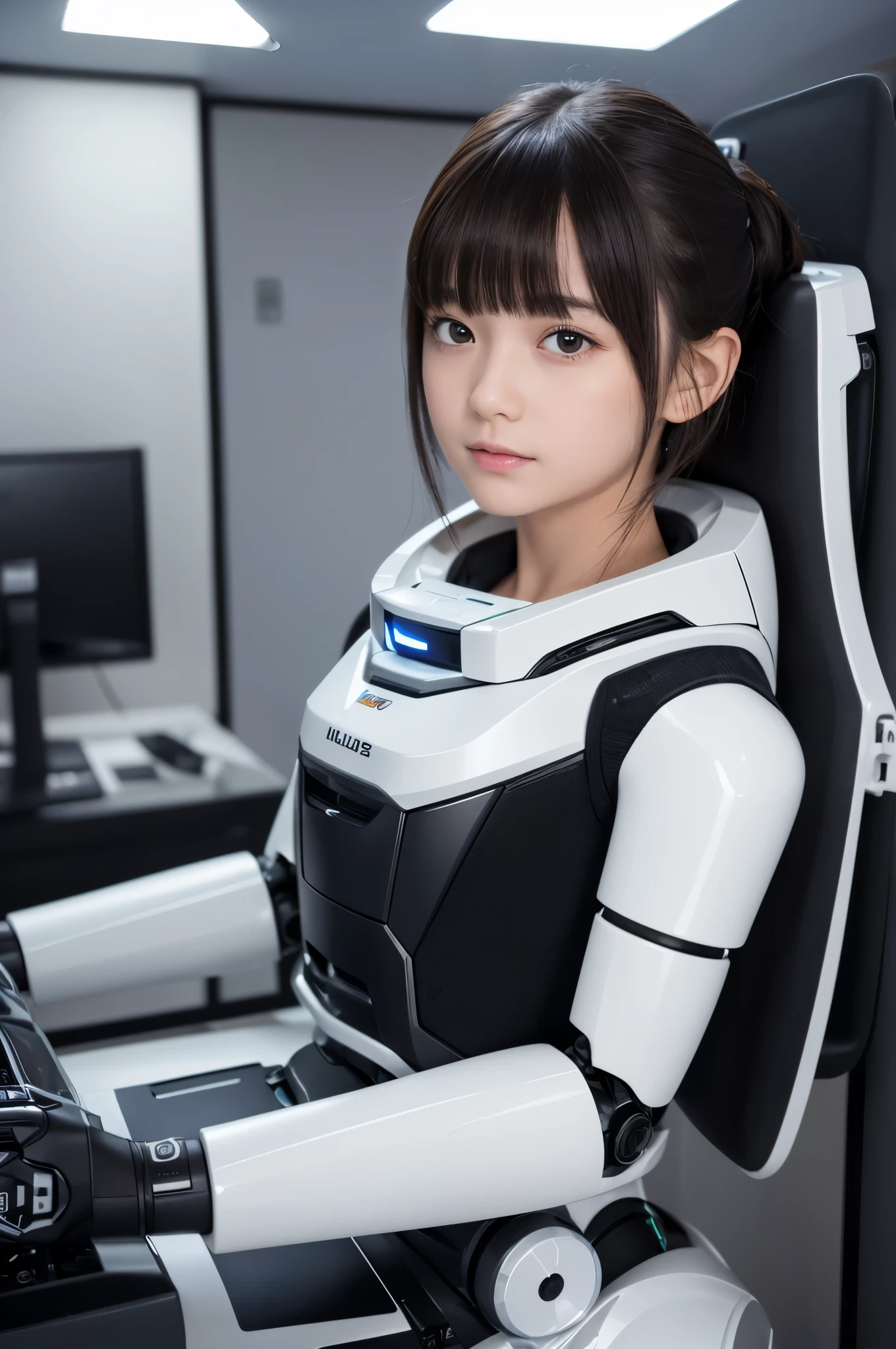 (photorealistic:1.4), (RAW photo)masutepiece, Best Quality, Extremely detailed, (Photorealistic:1.4), (8K, 4K, Best Quality, hight resolution, 超A high resolution:1.1), 8K portrait,Japaese android girl,,13 ytrol panels,Mechanical Hand, ,Robot arms and legs, Black hair,Mechanical body,Blunt bangs,White Robotics Parts,perfect  ,Charging spot,