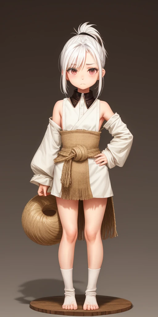 numbered collar, wearing only in a thin/torn/tarnished burlap, Sad, standing pose, chibi, shortstack, small height, dwarf, wide hips, round face, White hair with thick Ponytail hairstyle