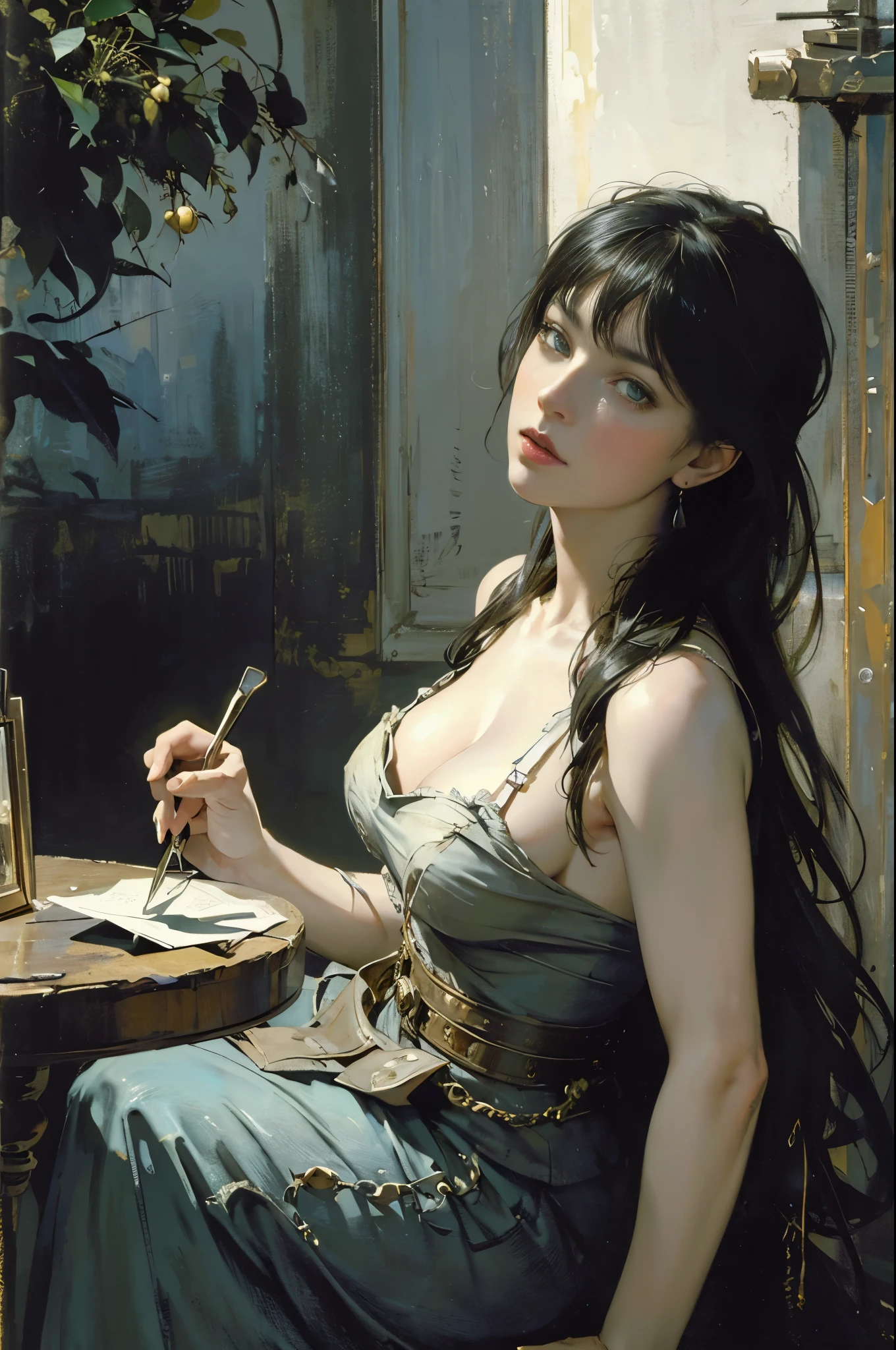 painting of woman, with influence of Jeremy Mann, Jeremy Mann, style of Jeremy Mann, Jeremy Mann painting, Jeremy Mann art, Ron Hicks, Liepke, Jeremy Mann and alphonse mucha, Works that influenced Edmund Blampid, robert lenkiewicz, Casey Baugh and James Jean, Works that influenced Willem Kalf, Nick Alm, tumbler, figurative art, Intense watercolor painting, watercolor detailed art,Beautiful and expressive paintings, Beautiful artwork illustration, wonderful, cool beauty, highest quality, official art, perfect composition,perfect angle, best shot, female solo, sharp outline, melancholy, nostalgia, nostalgia,Eyes without pupils, color eye, ideal anima, In search of lost time, marcel proust, sentimental, Full body Esbian, The vague boundary between past and present, recall, Outdoors, Paris in the first half of the 20th century, Montmartre, mysterious, mysterious, In front of Poutique on the street corner