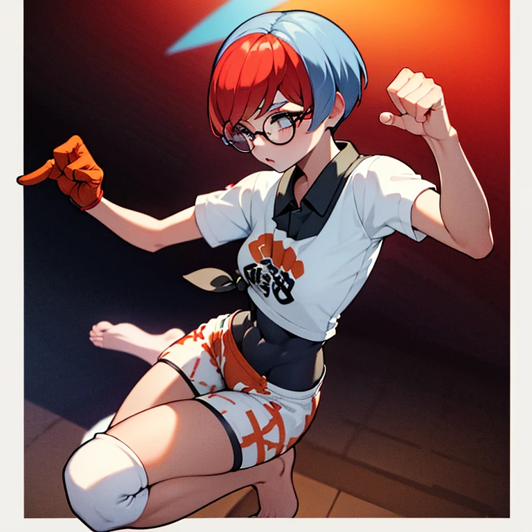 (masterpiece, absurdres, :1.2),dojo, standing, fighting stance, 1girl,solo, cell shading, best quality, extreme detail, perfect face, Penny, print shirt, tied shirt, black bodysuit, bodysuit under clothes, single glove, print shorts, knee pads, barefoot