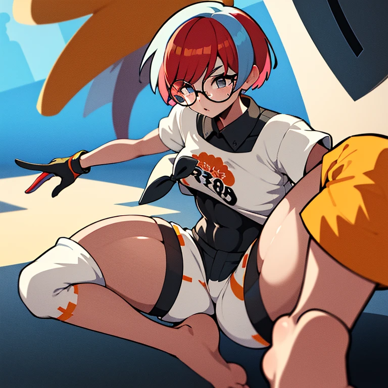 (masterpiece, absurdres, :1.2),dojo, standing, fighting stance, 1girl,solo, cell shading, best quality, extreme detail, perfect face, Penny, print shirt, tied shirt, black bodysuit, bodysuit under clothes, single glove, print shorts, knee pads, barefoot