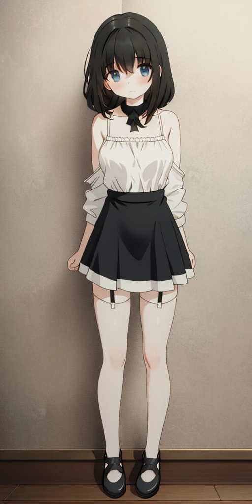 ((​masterpiece、top-quality)), 1girl in, ((full body、Standing picture)), cute young woman, Black garter belt、(white backgrounid) girl, torn dress, short dress, arms behind head, front view, alone, ancient roman slave market, scared, looking at viewer, shackles, tied to wall