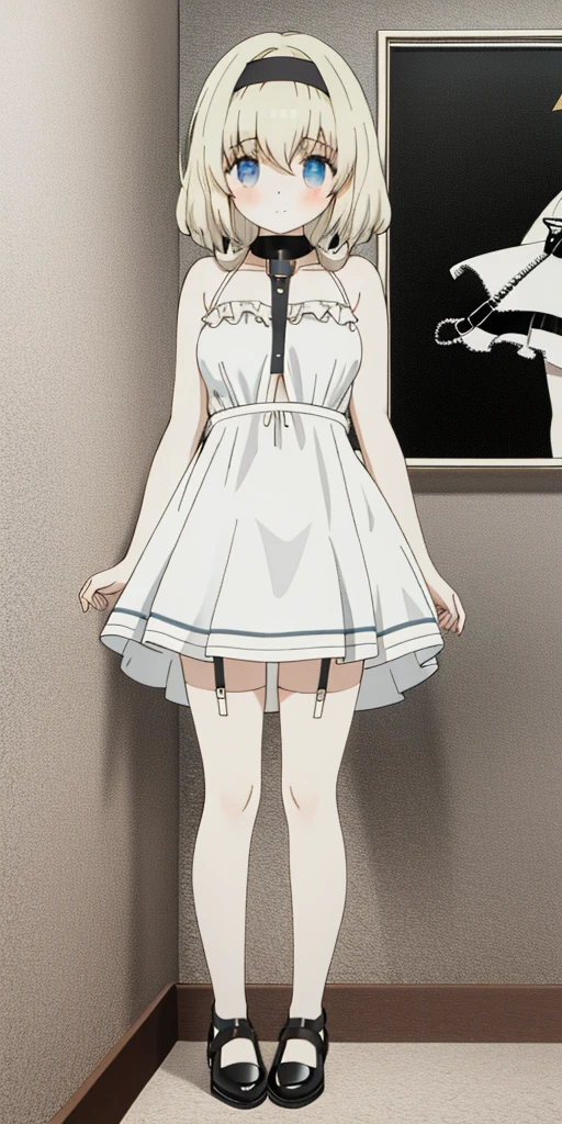 ((masterpiece、top-quality)), 1girl in, ((full body、Standing picture)), cute young woman, Black garter belt、(white backgrounid) girl, torn dress, short dress, arms behind head, front view, alone, ancient roman slave market, scared, looking at viewer, shackles, tied to wall