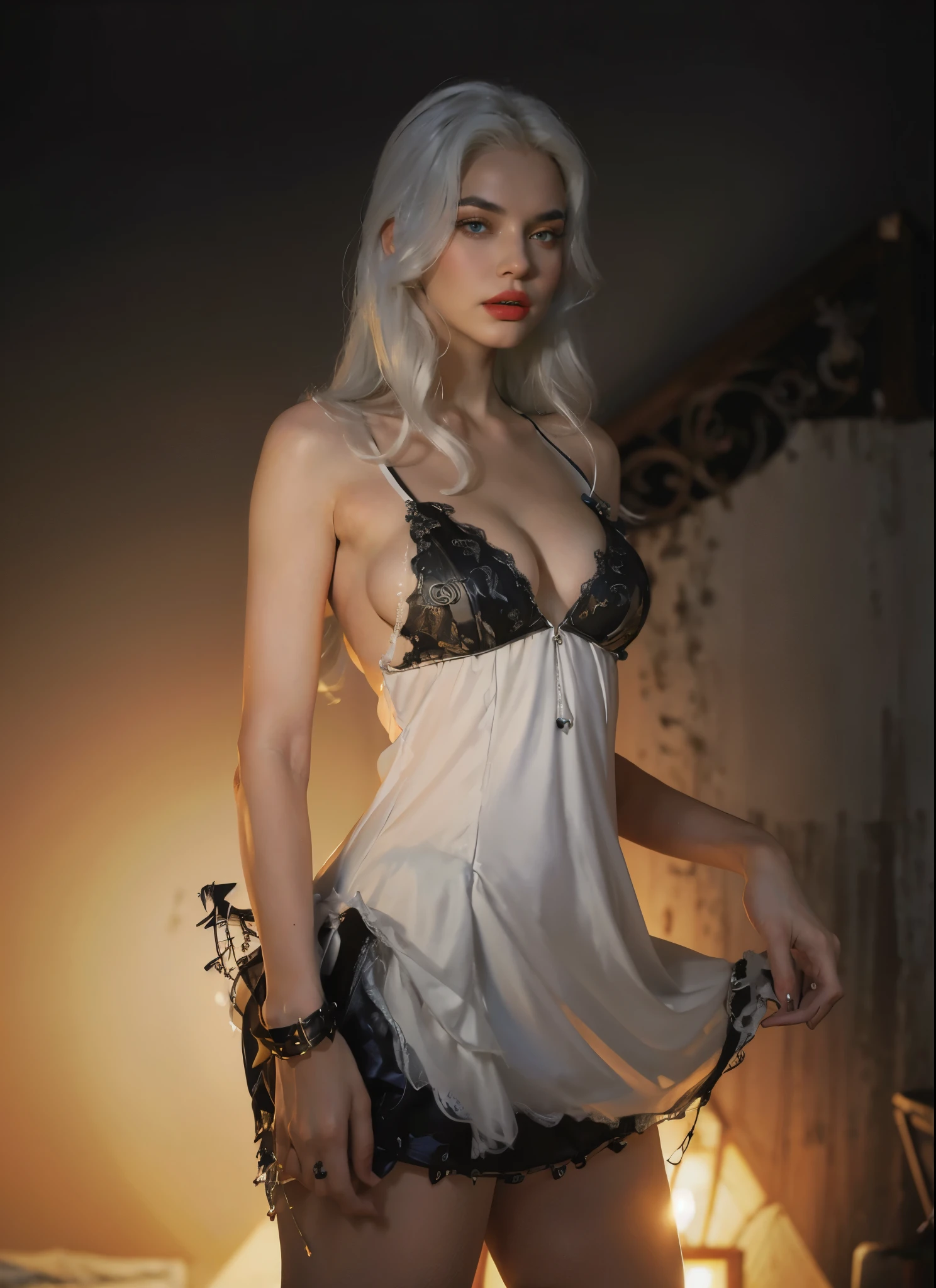 a masterpiece, best quality, woman wearing a black and white sheared dress, druuna, big , dark blue eyes, collared sheared dress, full lips,white hair, cleavage, high heels, sexy pose, best quality, aroused, paolo serpieri art, luis royo art, milo manara art, bernie wrightson art, ballroom background