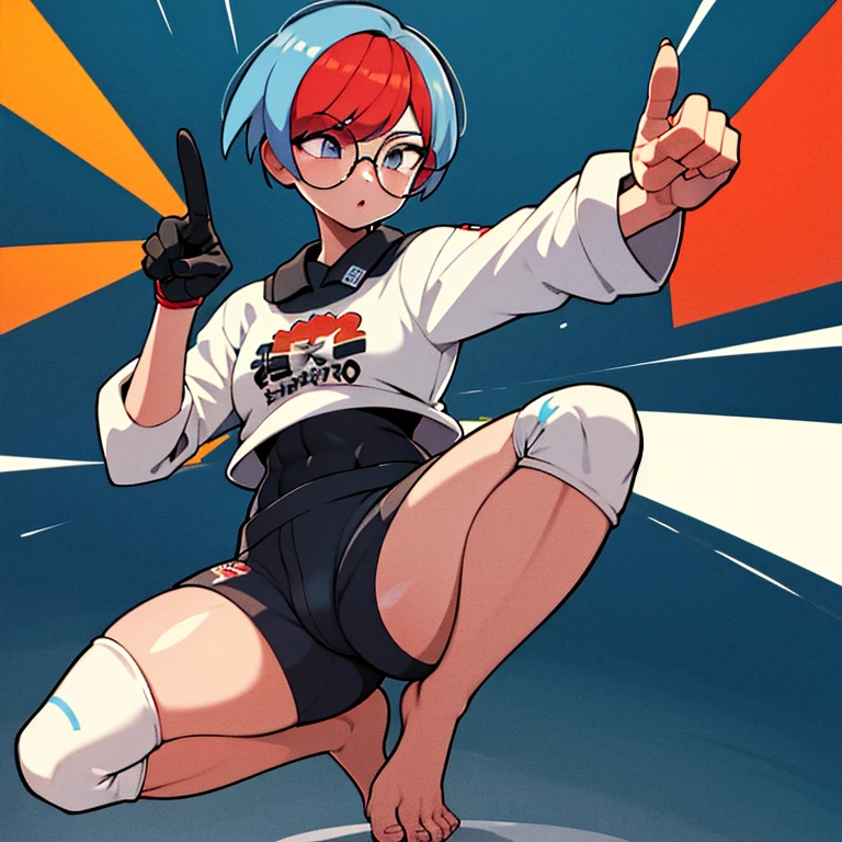 (masterpiece, absurdres, :1.2),dojo, standing, fighting stance, 1girl,solo, cell shading, best quality, extreme detail, perfect face, Penny, print shirt, tied shirt, black bodysuit, bodysuit under clothes, single glove, print shorts, knee pads, barefoot