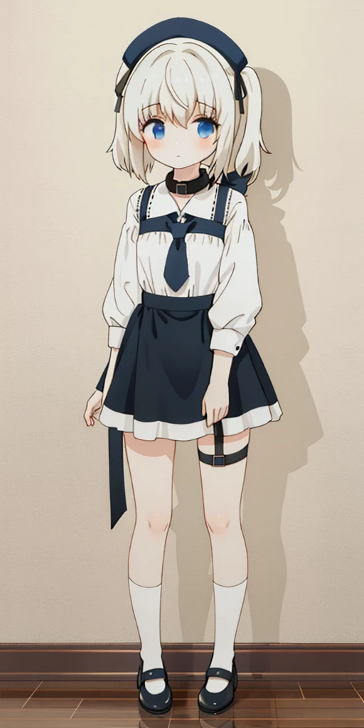 ((masterpiece、top-quality)), 1girl in, ((full body、Standing picture)), cute young woman, Black garter belt、(white backgrounid) numbered collar, wearing only in a thin/torn/tarnished burlap, Sad, standing pose, chibi, shortstack, small height, dwarf, wide hips, round face, White hair with thick Ponytail hairstyle
