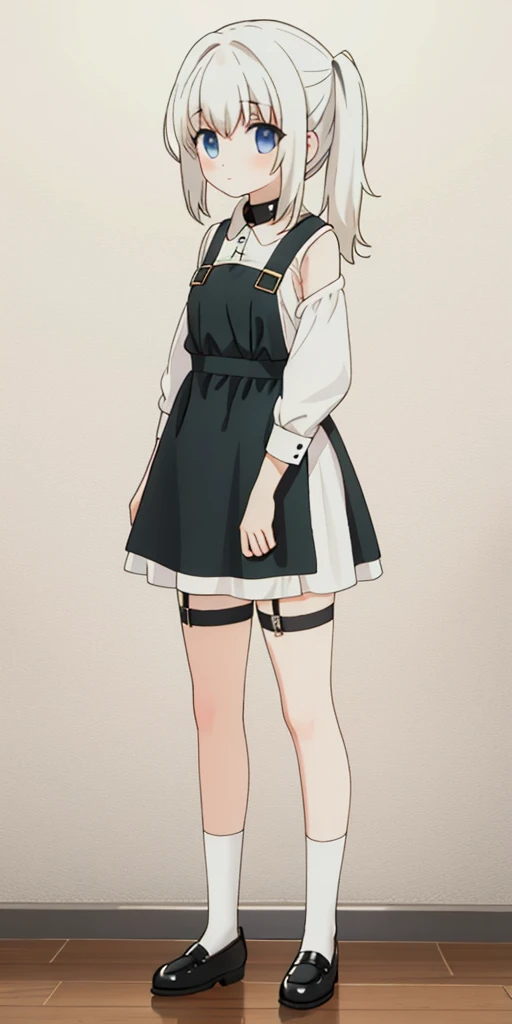 ((​masterpiece、top-quality)), 1girl in, ((full body、Standing picture)), cute young woman, Black garter belt、(white backgrounid) numbered collar, wearing only in a thin/torn/tarnished burlap, Sad, standing pose, chibi, shortstack, small height, dwarf, wide hips, round face, White hair with thick Ponytail hairstyle